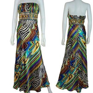 Cache Liquid Satin Formal Prom Dress Zebra Multicolored Stripes Beaded Women's 2